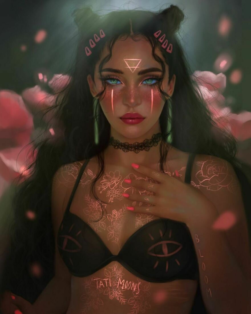 Digital artwork of a woman representing zodiac signs and elements with glowing tattoos and vibrant colors.