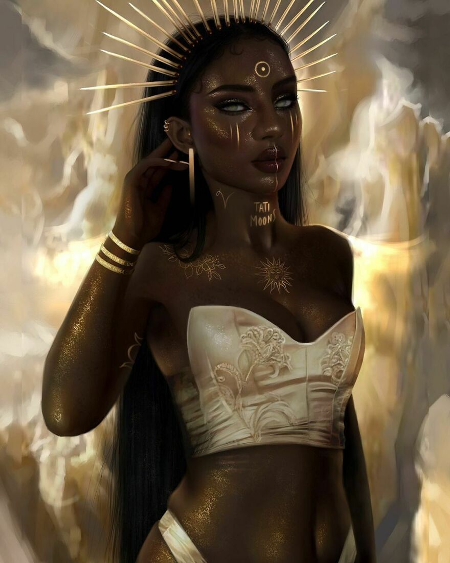 Dark-skinned woman with celestial tattoos and golden crown, representing zodiac signs, planets, and elements as women.