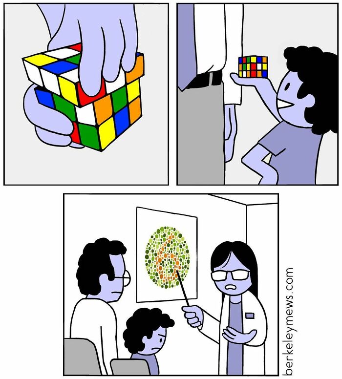 Comic illustrating twisted endings with a child holding a scrambled Rubik’s cube at a color blindness test.