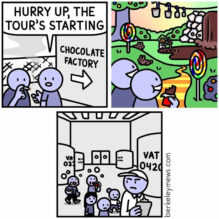 Comic panels showing characters excited to enter a chocolate factory, with a twisted ending inside vats, cartoon art style.
