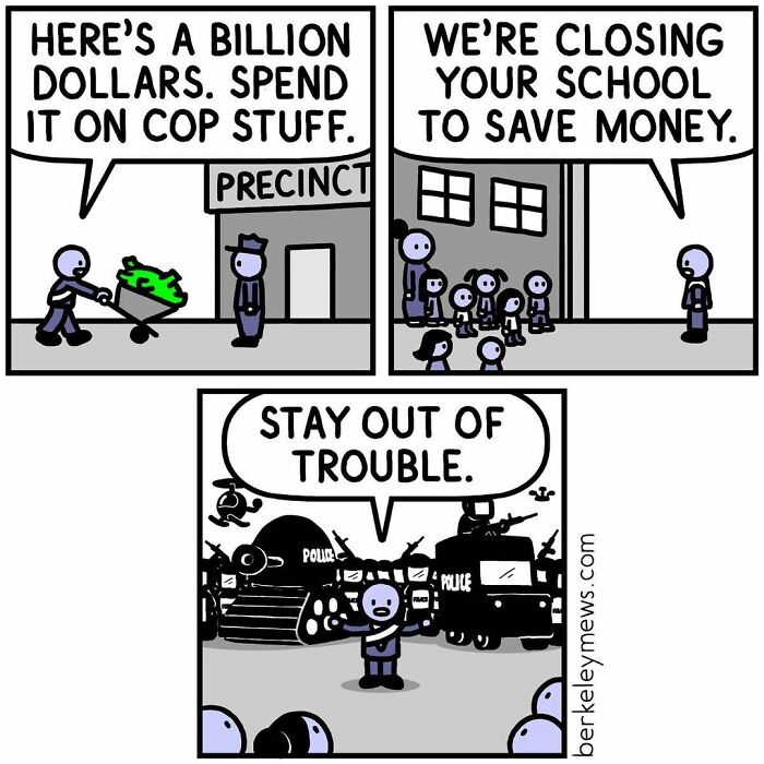 Comic strip showing a twisted ending where funding for police leads to school closures and heavy militarization.