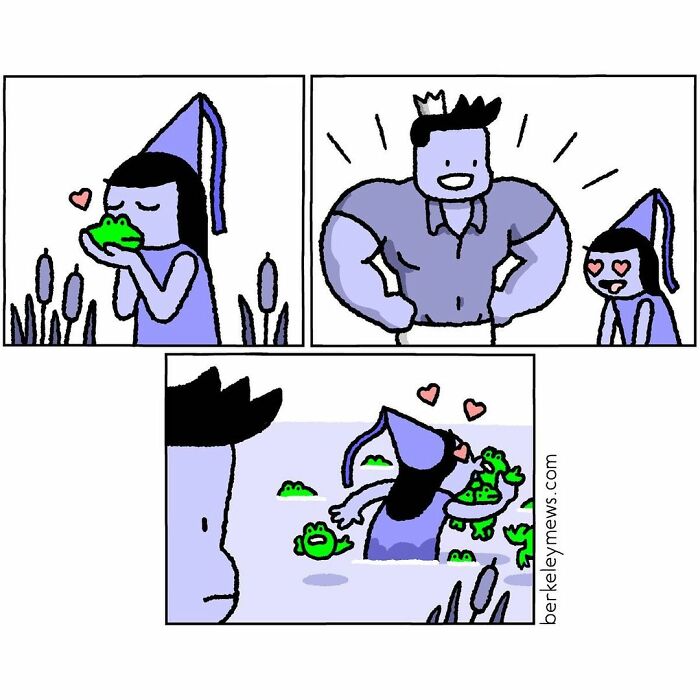 Comic panels by artist with twisted endings showing a girl kissing a frog that turns into a prince and then multiple frogs appear.