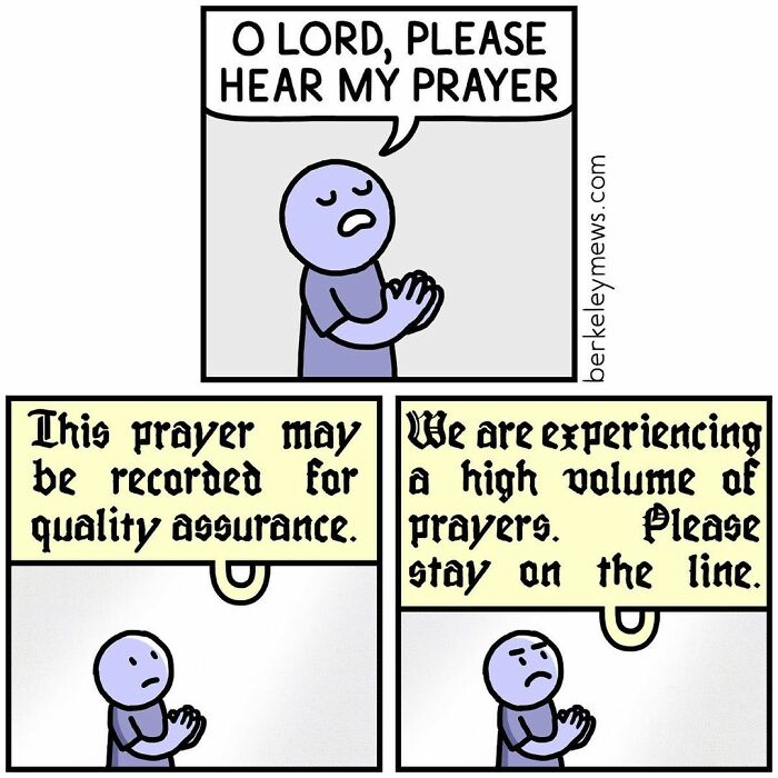 Comic strip showing a character praying as the prayer is recorded with a twist in the seemingly innocent comics style.