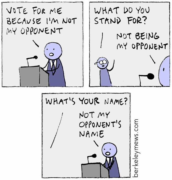 Simple comic with twisted endings showing a candidate avoiding direct answers in an innocent-looking political debate.