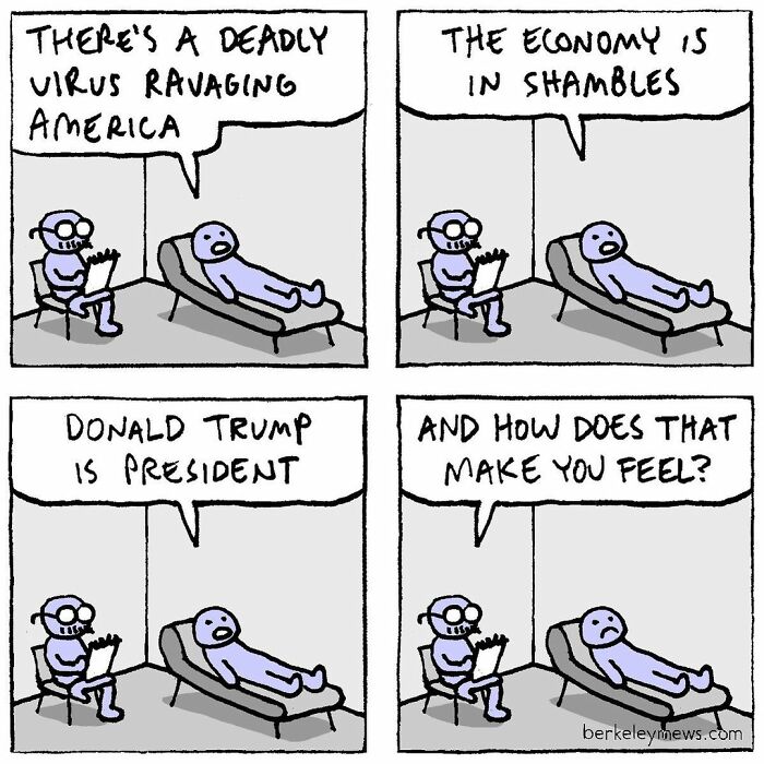 Comic strip showing a therapist and patient discussing serious topics with twisted endings in seemingly innocent comics.