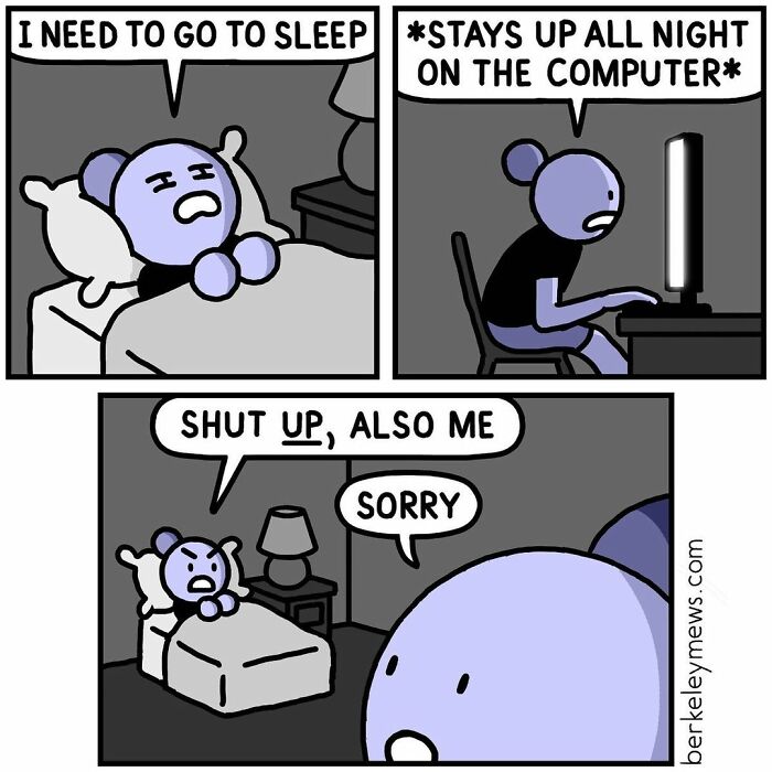 Comic panel with a character struggling to sleep, showing the artist’s twisted endings in seemingly innocent comics.