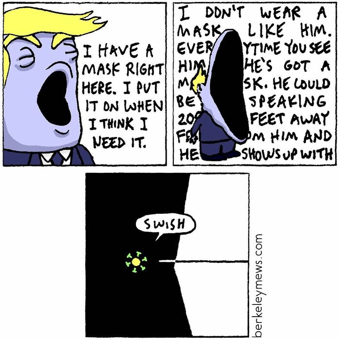 Comic panel by artist adding twisted endings showing a person debating mask use with a dark, unexpected conclusion.