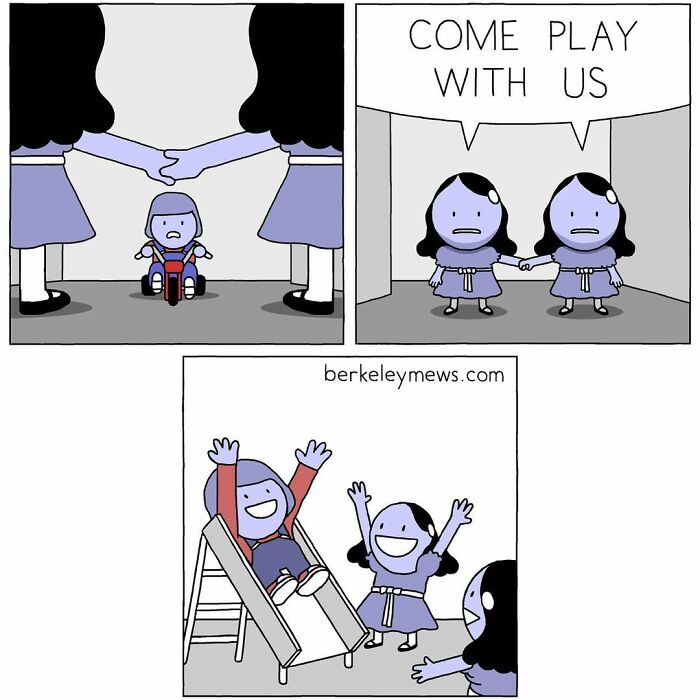 Comic panels showing seemingly innocent characters inviting a child to play, illustrating artist's twisted endings in comics.