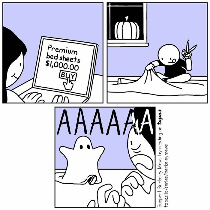Comic strip shows twisted endings as character buys expensive sheets and cuts them into a ghost costume for Halloween.
