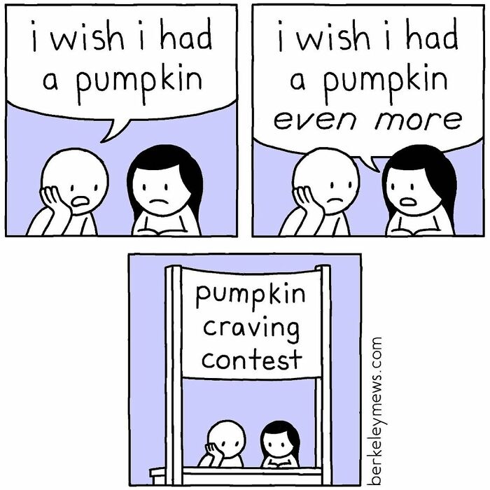 Two characters in a comic strip with a twisted ending at a pumpkin craving contest, illustrating dark humor.