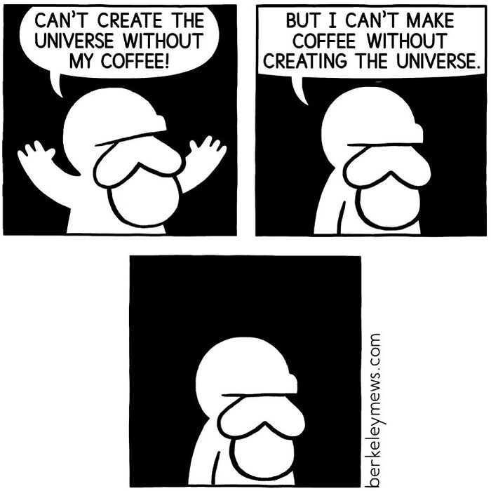 Black and white comic panels showing a character humorously linking coffee and creating the universe with twisted endings.