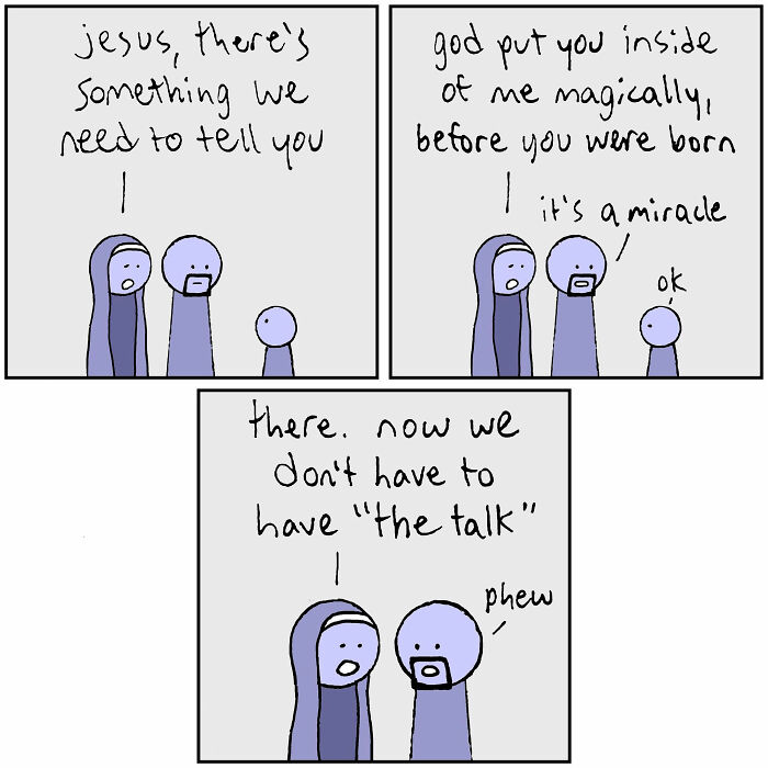 Comic strip with twisted endings showing a family having an unusual conversation about a miracle pregnancy.