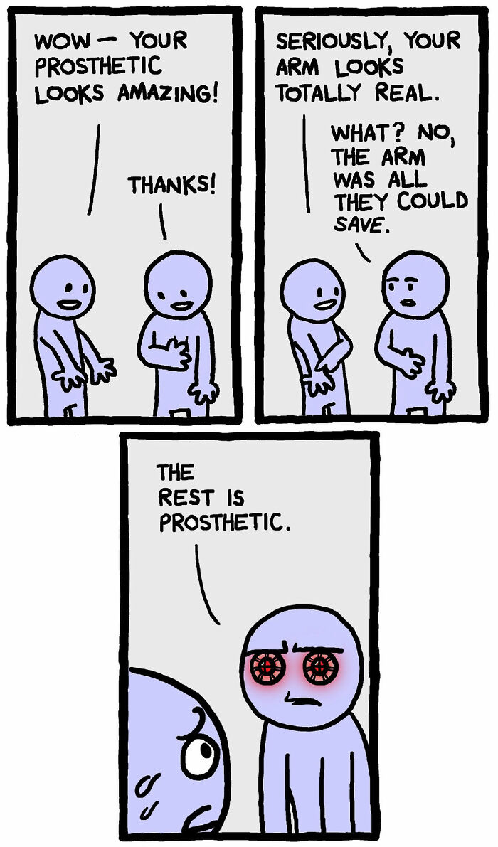Comic strip depicting a twisted ending with a character revealing a prosthetic arm in seemingly innocent comics.