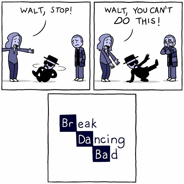 Comic panel showing a twisted ending with characters reacting to a person breaking bad, artist adds twisted endings to comics.