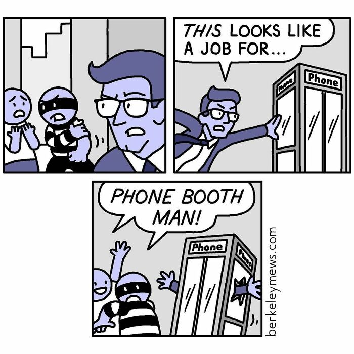 Comic panels showing a hero called Phone Booth Man in a scene, highlighting artist’s twisted endings in seemingly innocent comics.