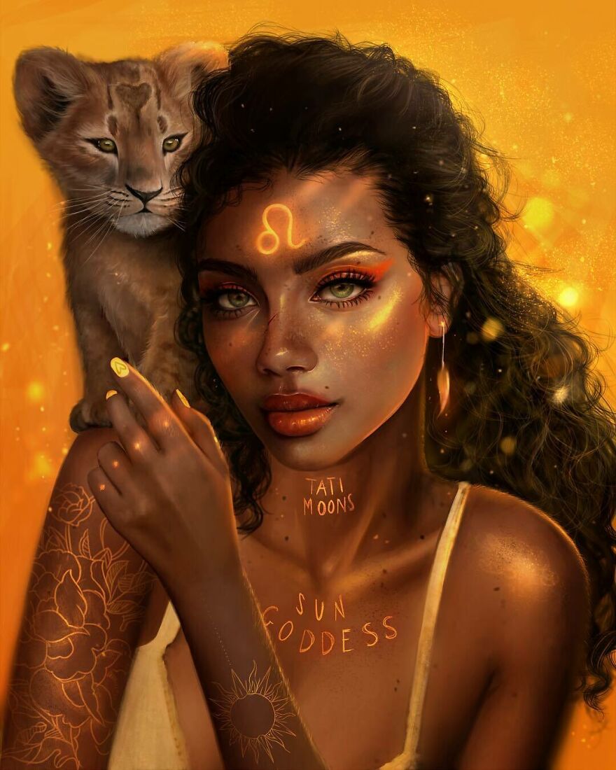 Woman representing zodiac sign Leo with glowing symbol on forehead, lion cub on shoulder, and sun goddess elements in warm tones