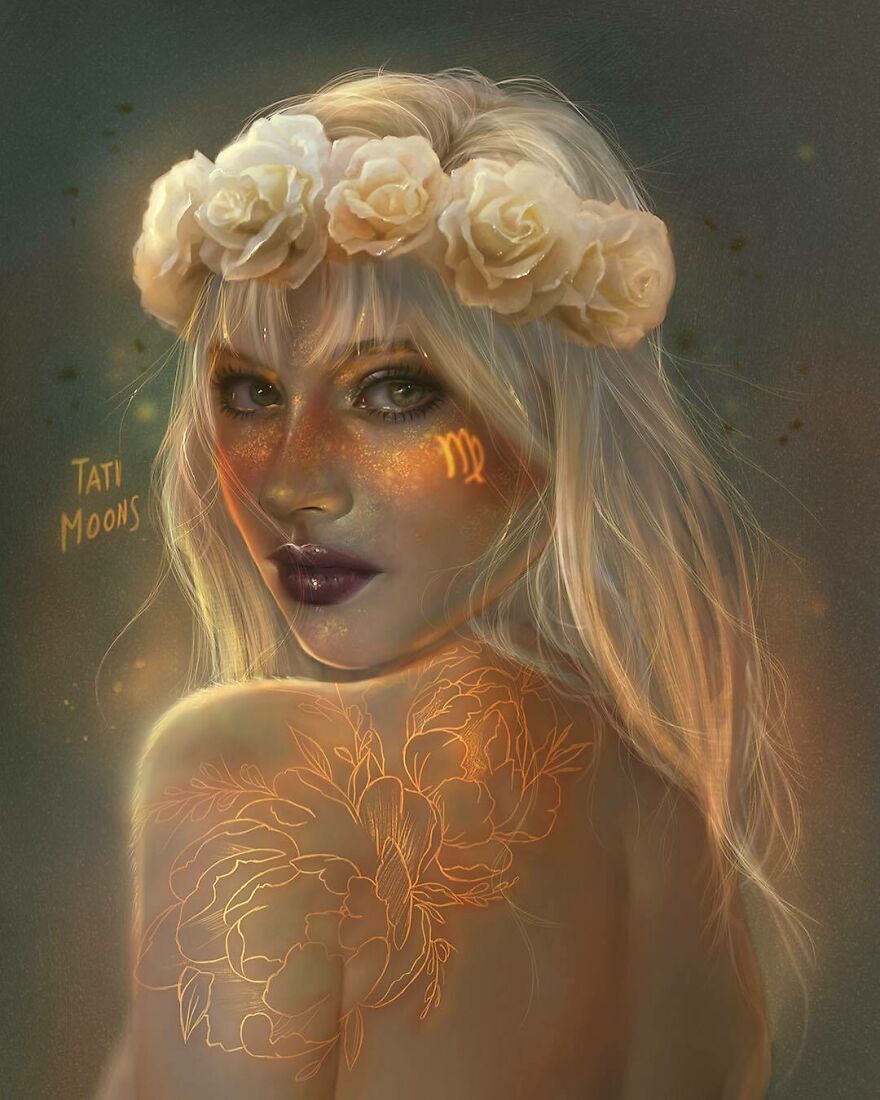Digital artwork of a woman representing zodiac signs, planets, and elements with glowing floral tattoos and a flower crown.