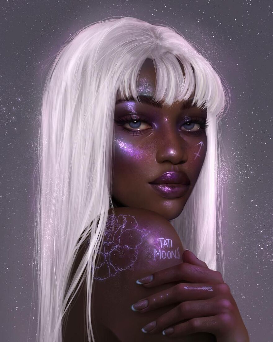 Digital art of a woman representing zodiac signs, planets, and elements with glowing purple highlights and celestial details.
