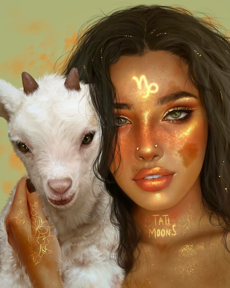 Digital artwork of a woman representing zodiac signs with glowing symbols and a white goat beside her, showcasing zodiac art.