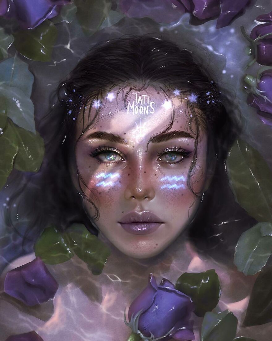 Digital artwork of a woman representing zodiac signs and elements with glowing symbols and surrounded by purple flowers and leaves.