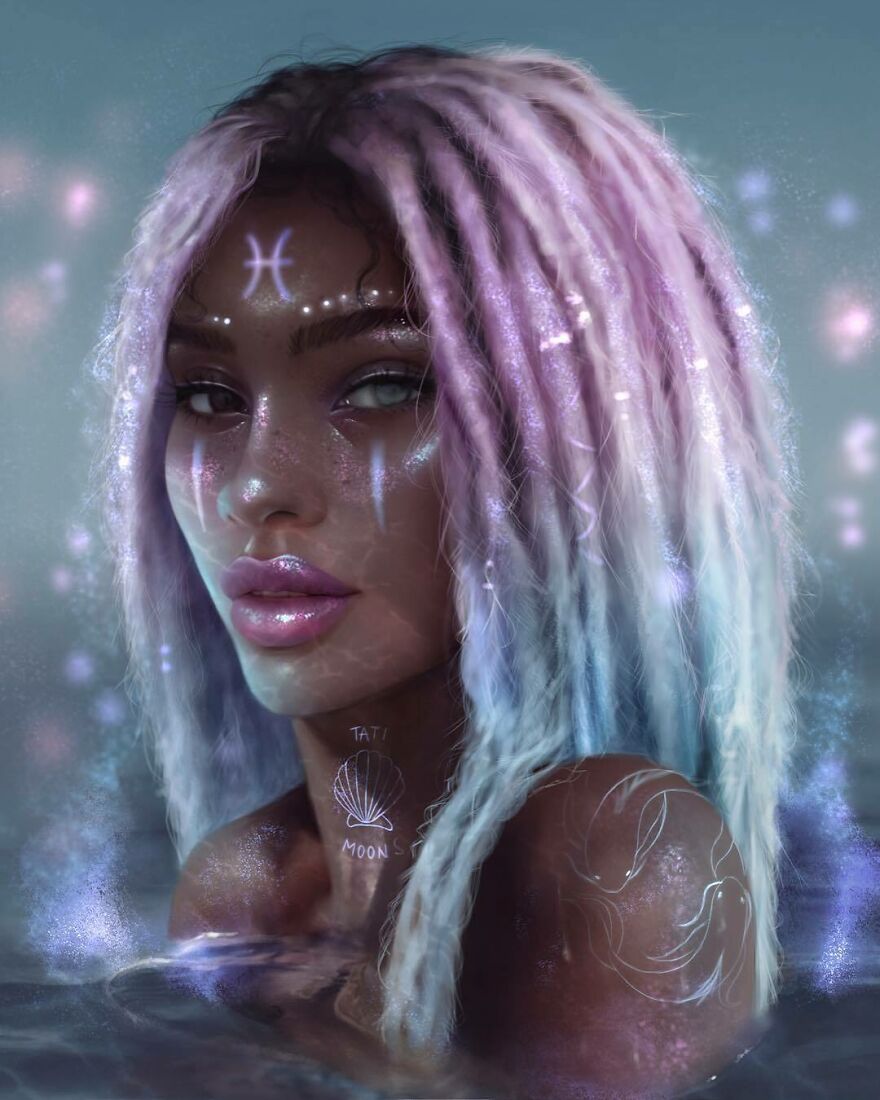 Digital art of a woman representing zodiac signs, planets, and elements with glowing symbols and mystical purple-blue hues.