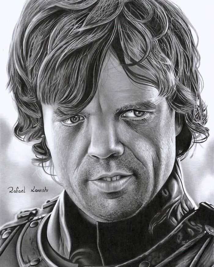 Realistic drawing by Rafael Konishi, depicting a detailed portrait of a person in medieval-style armor.