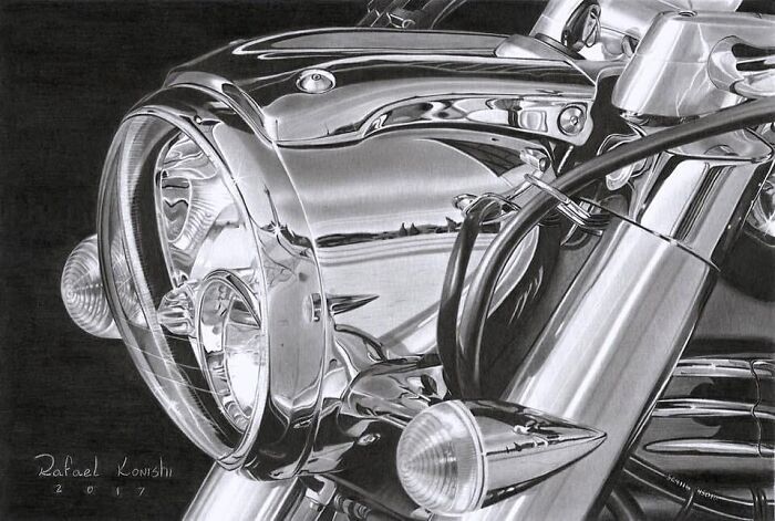 Realistic drawing of a motorcycle's chrome headlight and details by Rafael Konishi.