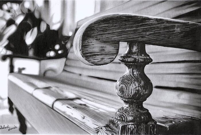 Realistic drawing of a wooden bench by artist Rafael Konishi, showcasing intricate wood textures and details.