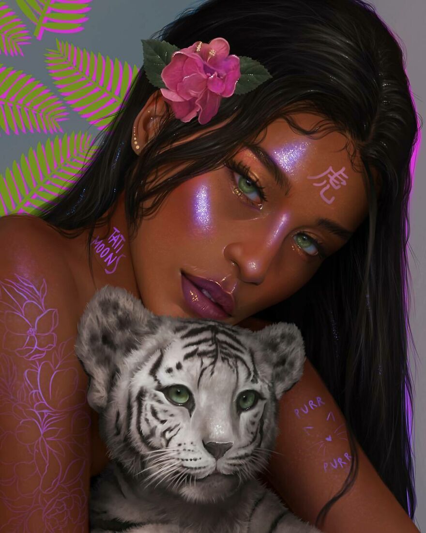 Digital artwork of a woman representing zodiac signs holding a white tiger cub with glowing purple accents.