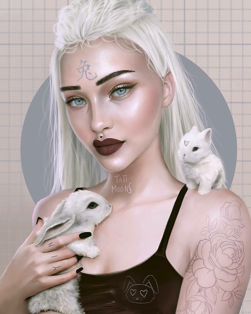 Digital artwork of a woman embodying zodiac signs and elements, holding a white rabbit with celestial and floral details.