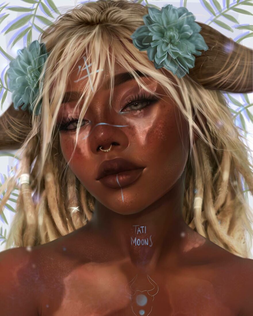 Digital portrait of a woman embodying zodiac signs, planets, and elements with horns and floral accents in fantasy art style.