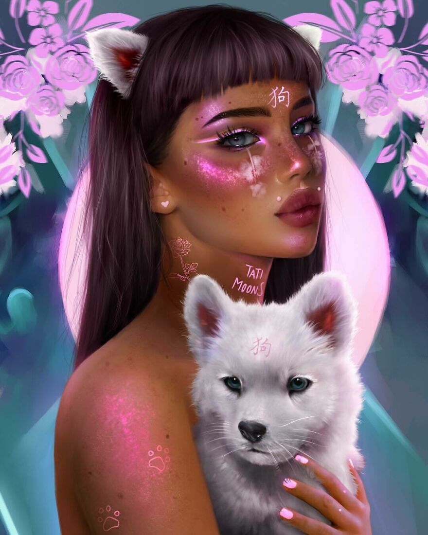 Digital art of a woman with cat ears and glowing makeup holding a white wolf, representing zodiac signs and elements as women.