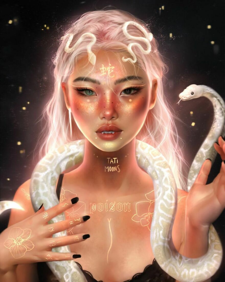 Digital artwork of a woman representing zodiac signs and elements holding a white snake with glowing mystical symbols on her skin.