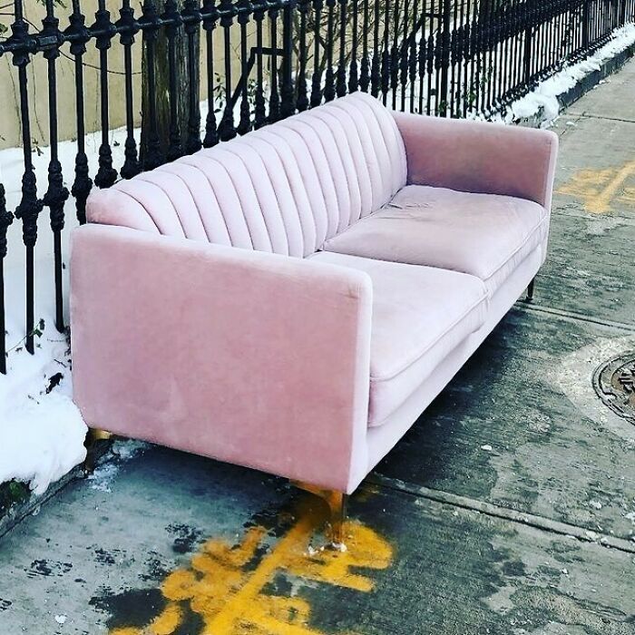 Pretty In Pink (And Also Cold) Velvet Couch On The Corner Of Huron And West St In Greenpoint 