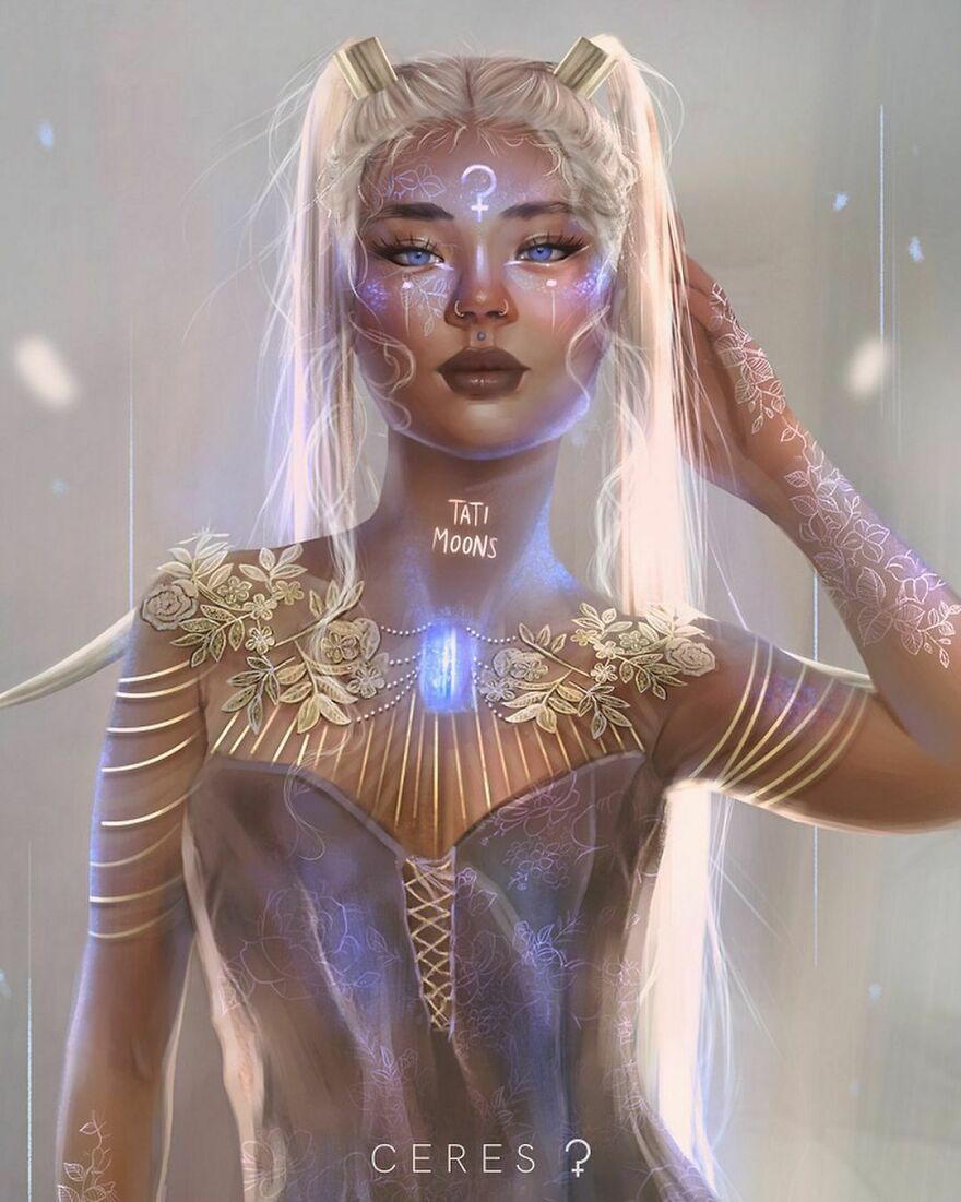 Digital artwork of a woman representing a zodiac sign with celestial and floral designs, symbolizing planets and elements.