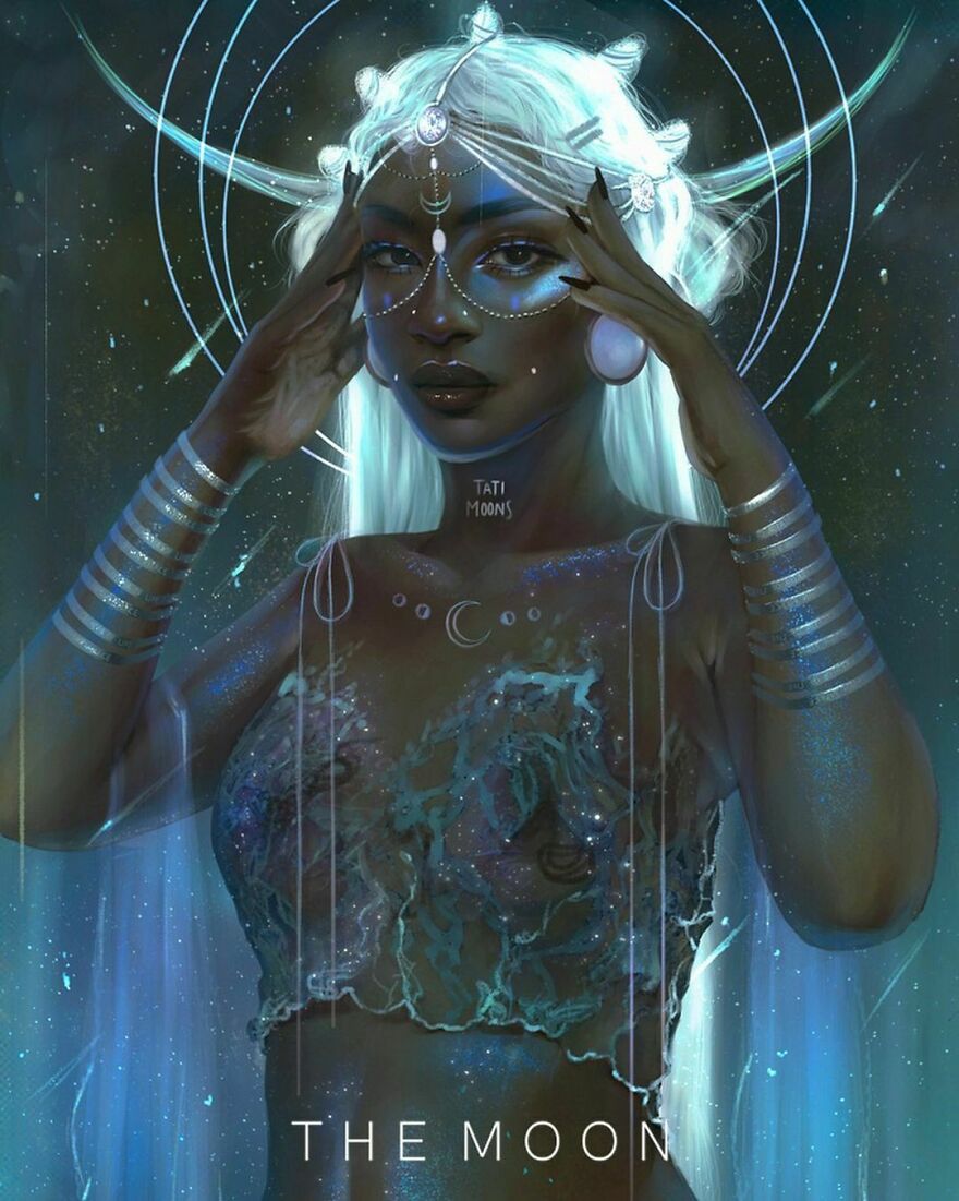 Digital artwork of a woman embodying the Moon, inspired by zodiac signs, planets, and elements as women.