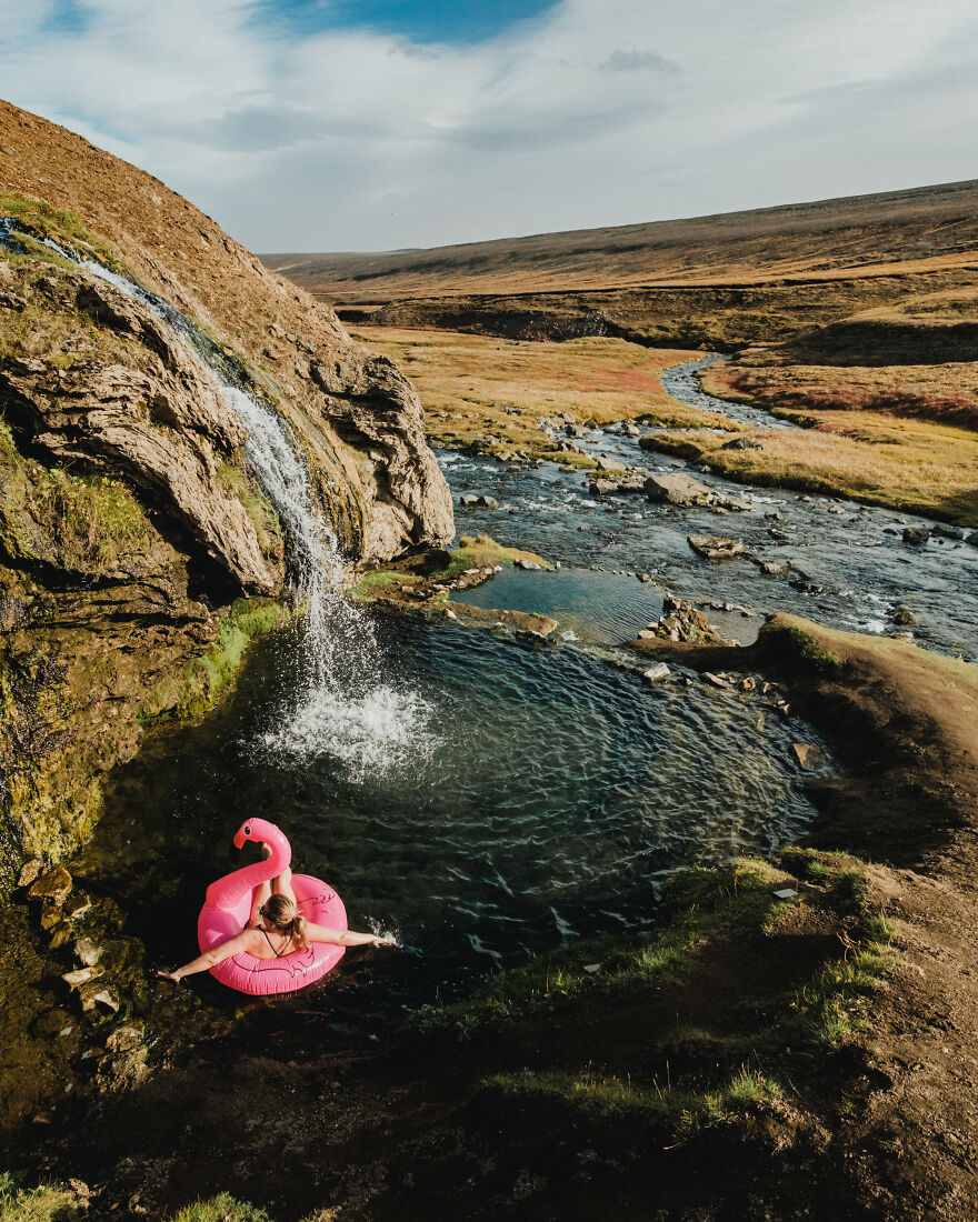 Hot Waterfall In Central Part Of Iceland