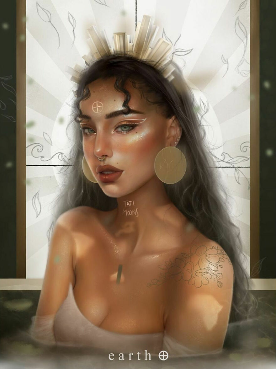 Digital artwork of a woman representing the zodiac sign Earth with celestial makeup and glowing skin, symbolizing astrological elements.