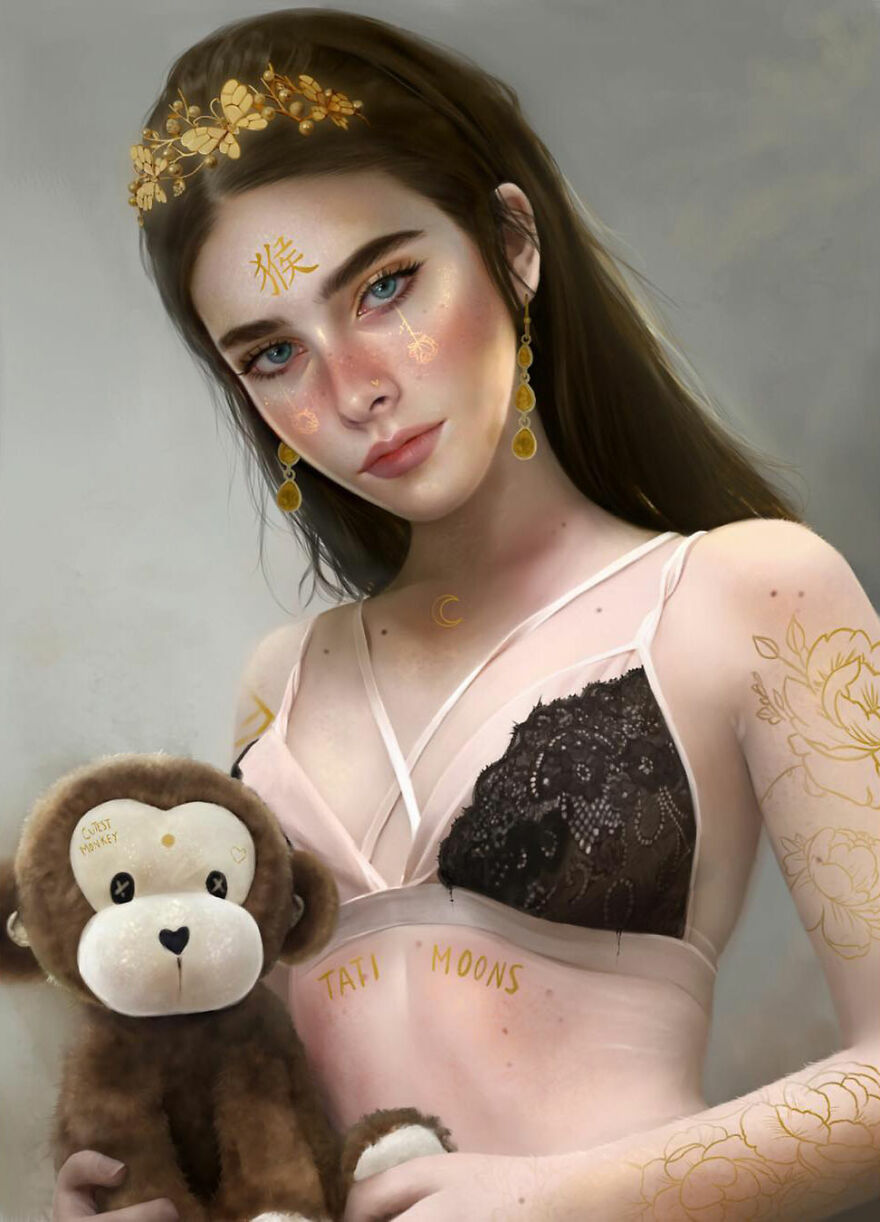 Digital art of a woman representing zodiac signs and elements, holding a plush monkey with symbolic golden details.