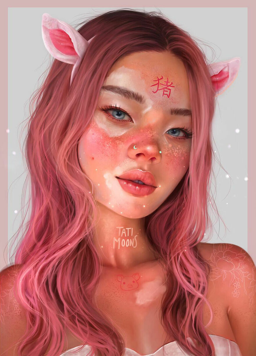 Digital artwork of a woman with pink hair and animal ears, representing zodiac signs and elements as imagined by an artist.
