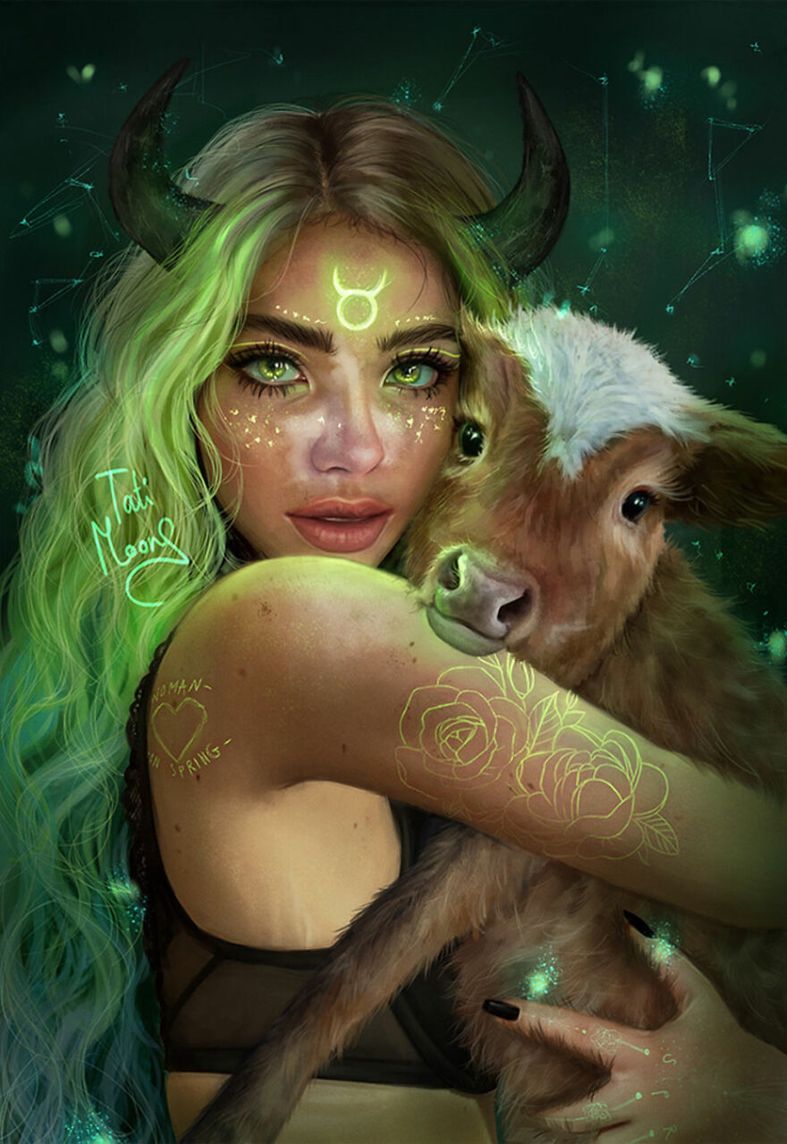 Woman with glowing Taurus symbol and horns, holding a calf, depicting zodiac signs as women digital art.