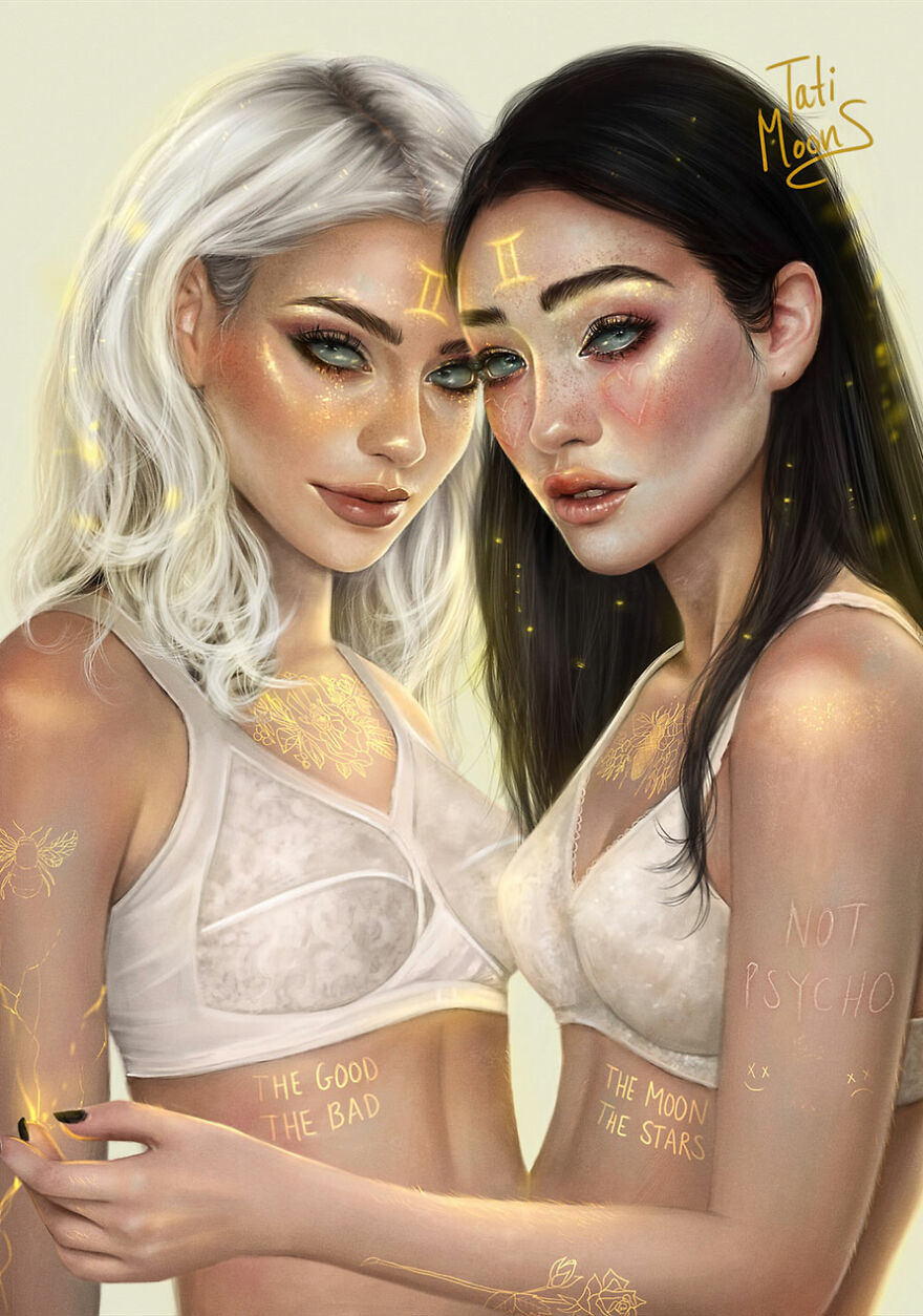 Two digital portraits of women embodying zodiac signs with glowing symbols and celestial elements, inspired by astrology art.