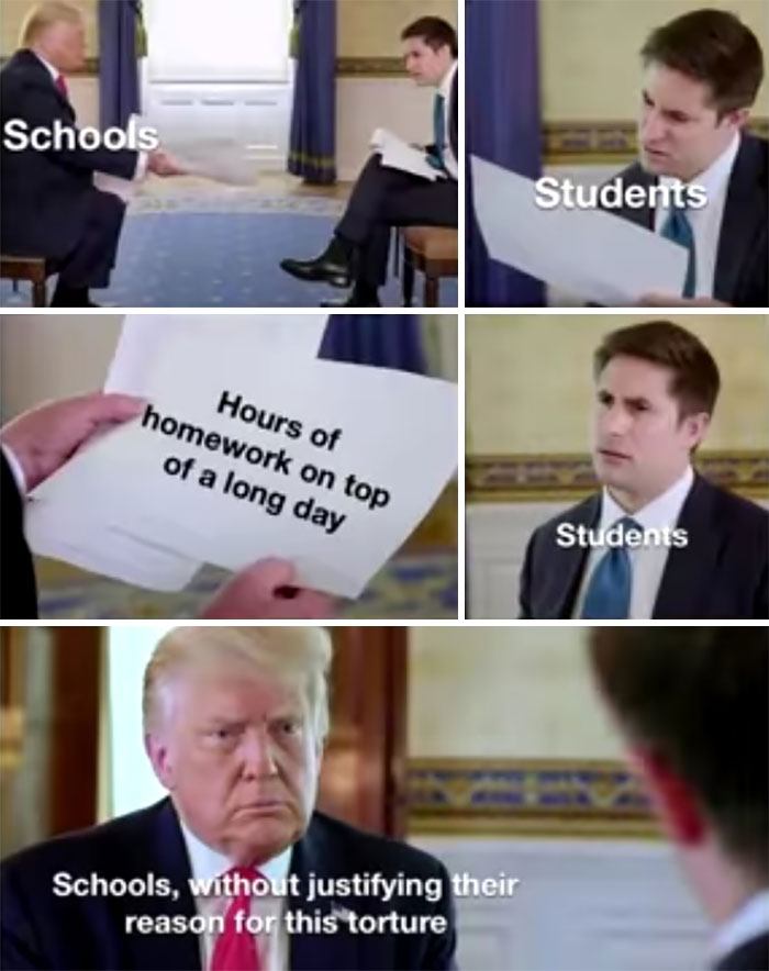 School meme featuring students questioning excessive homework demands from schools.