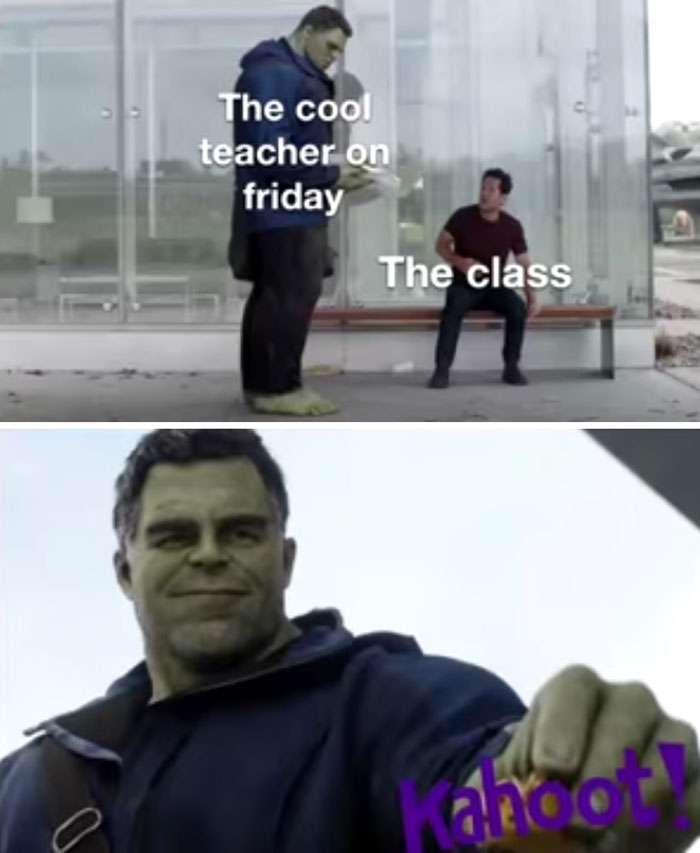Funny school meme showing a teacher as a superhero with "The cool teacher on Friday" and "The class" text.