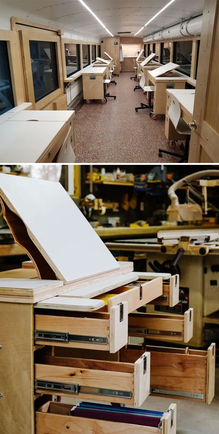 I Was Commissioned To Convert An Old Greyhound Into A Mobile Art Therapy Clinic. I Built 8 Desks That Can Interlock Into Each Other And Into The Side Rail. I Also Built All The Doors, Trim, And Cabinets