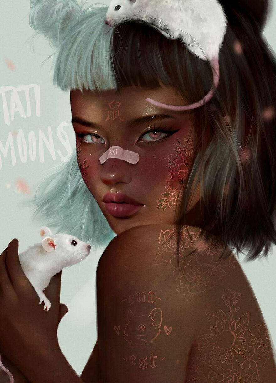 Digital artwork of a zodiac sign woman with white rats, floral tattoos, and mystical facial markings representing astrology elements.
