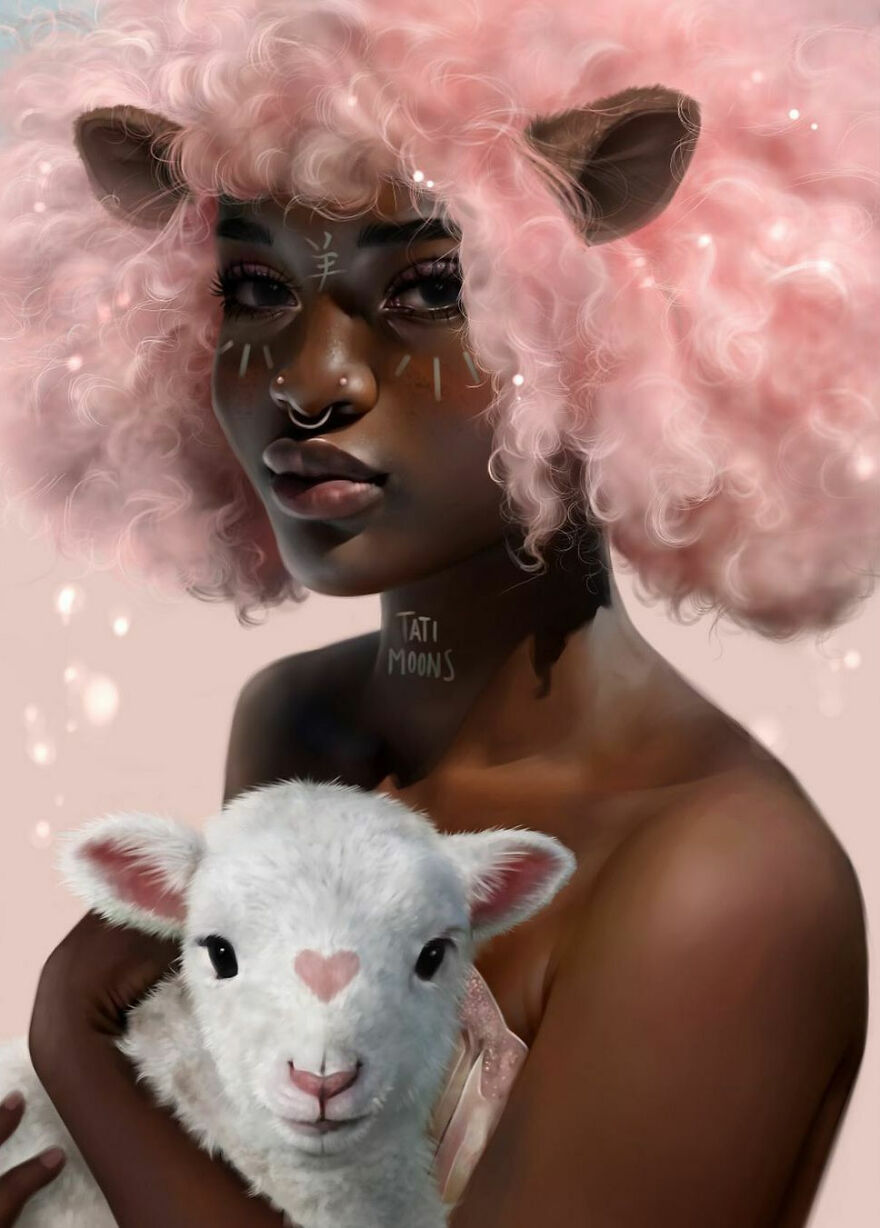 Digital artwork of a woman with pink curly hair and animal ears holding a lamb, inspired by zodiac signs and elements.