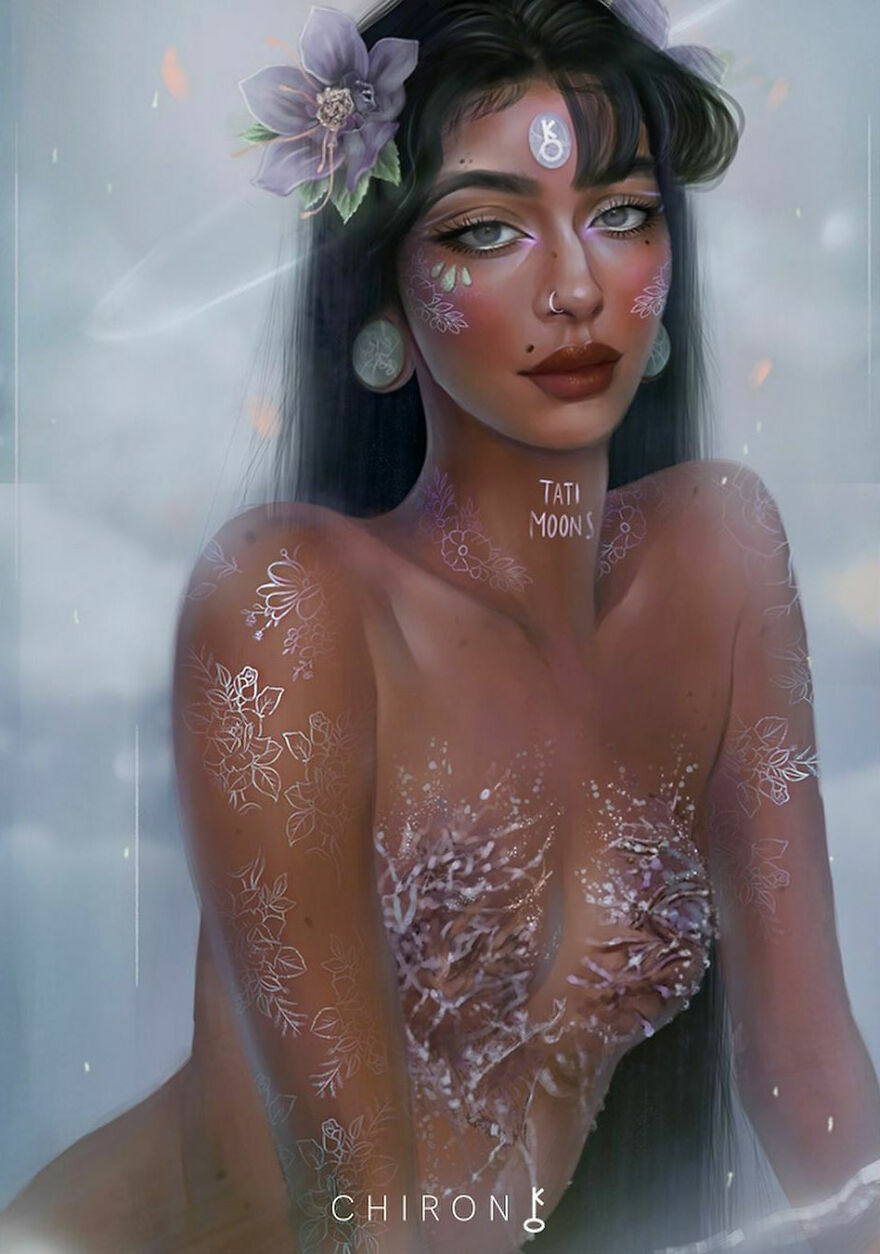 Digital artwork of a woman representing zodiac signs and planets with floral body art and mystical symbols.
