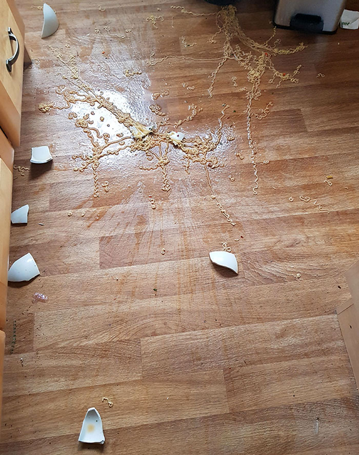 I Spilled Boiling Ramen On My Hand, I Tried To Fight The Pain And Hold Onto The Bowl, I Lost That Fight. It Was My Last Packet. Burnt Hand, Broken Bowl, No Ramen For Lunch