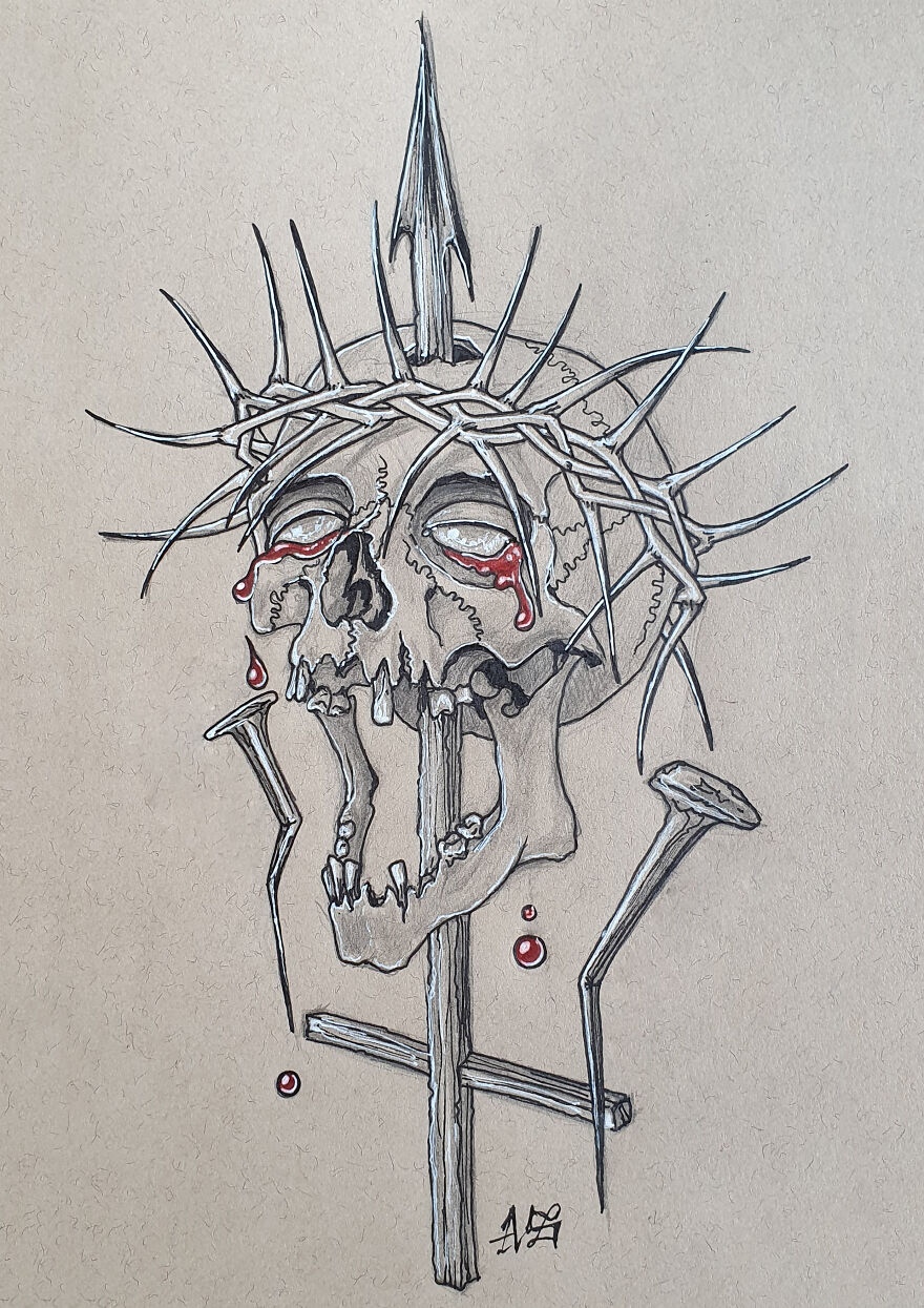 Religion (Upside Down Cross Piercing Trough A Skull Who Is Wearing A Thorn Crown Similar Like Jesus Christ Was Wearing And Two Nails Witch Represent The Nails From The Crucifixion Of Christ)